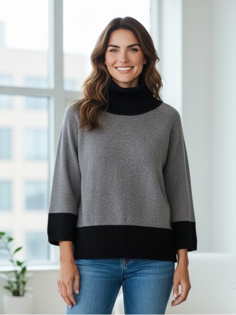 Karen Scott Cowl/turtle neck color block sweater Size M Black/Grey